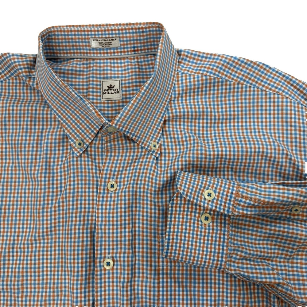 Peter Millar Button Shirt‎ Mens XXL Blue Orange Gingham Check Long Sleeve Oxford